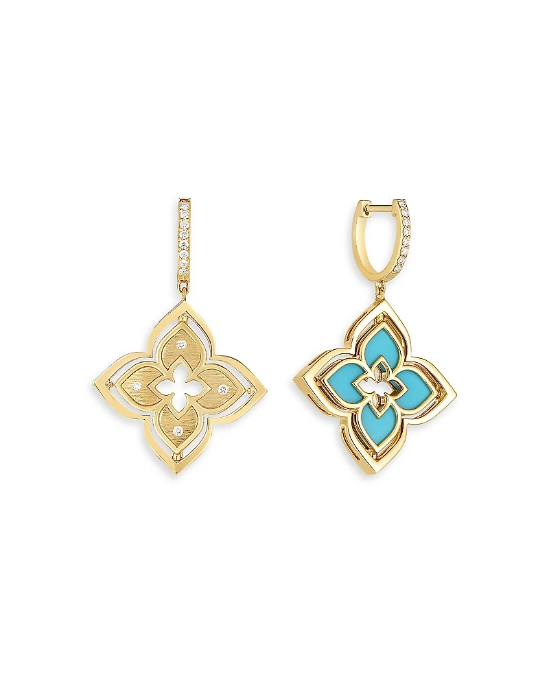 Roberto Coin 18K Yellow Gold Venetian Princess Pirouette Turquoise & Diamond Reversible Flower Drop Earrings