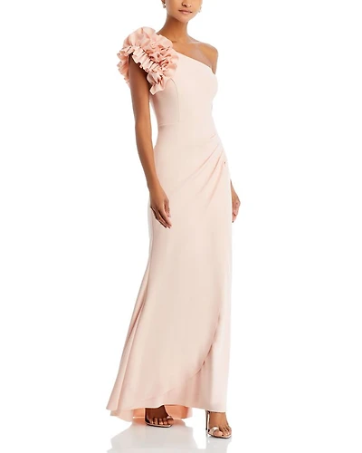 One Shoulder Ruffle Crepe Gown - Exclusive