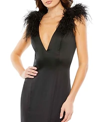Feather Shoulder V-Neck Column Gown