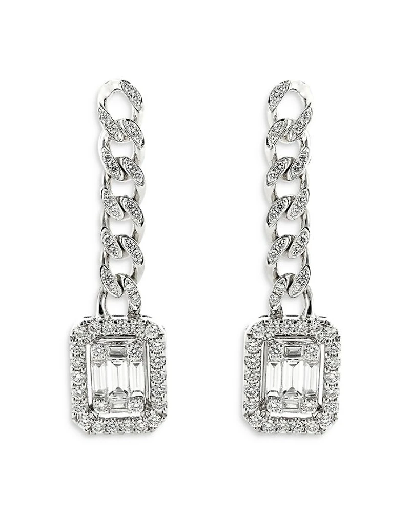 18K White Gold Groumette Link Dangling Earrings with Diamonds, 0.96 tcw