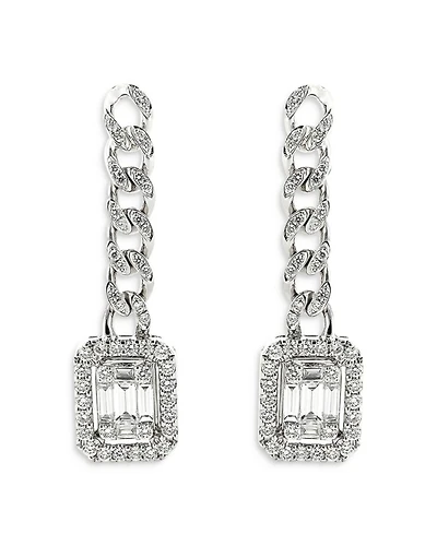 18K White Gold Groumette Link Dangling Earrings with Diamonds, 0.96 tcw
