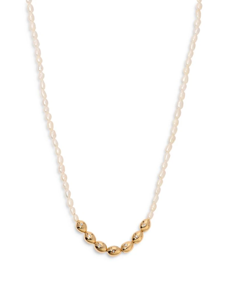Pavé & Cultured Freshwater Pearl Polished Pebble Beaded Collar Necklace in 18K Gold Plated, 15"-18"