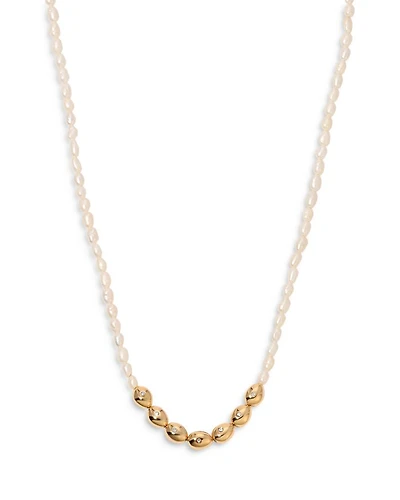Pavé & Cultured Freshwater Pearl Polished Pebble Beaded Collar Necklace in 18K Gold Plated, 15"-18"