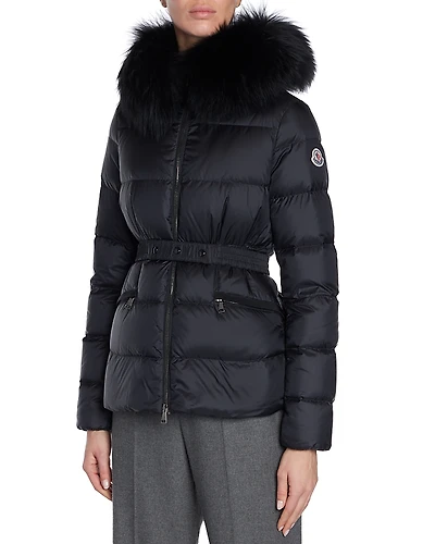 Moncler Boed Belted Down Jacket with Shearling Hood Trim