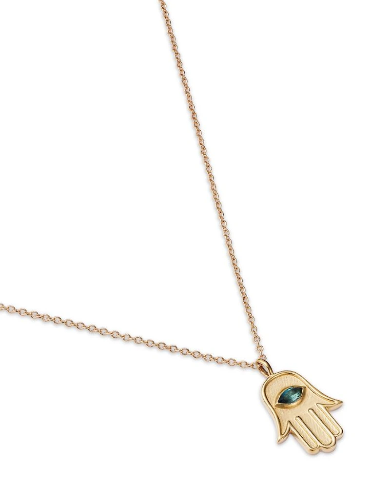 14K Yellow Gold Blue Topaz Marquis Hamsa Hand Pendant Necklace, 16-18"