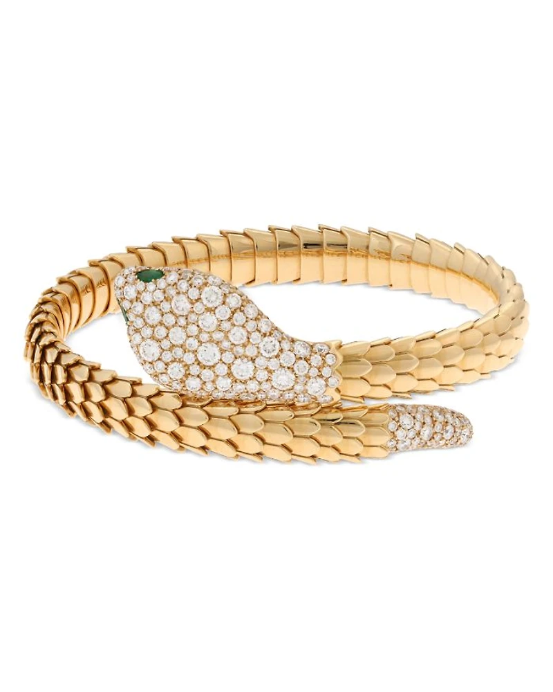 18K Yellow Gold Serpent Diamond & Emerald Bangle Bracelet - Exclusive