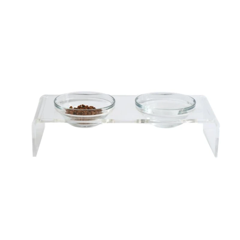 Small Clear Double Glass Bowl Pet Feeder, 1 Quart Bowls