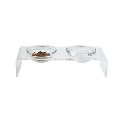 Small Clear Double Glass Bowl Pet Feeder, 1 Quart Bowls
