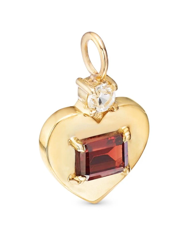 14K Yellow Gold Garnet & White Topaz Heart Charm Pendant