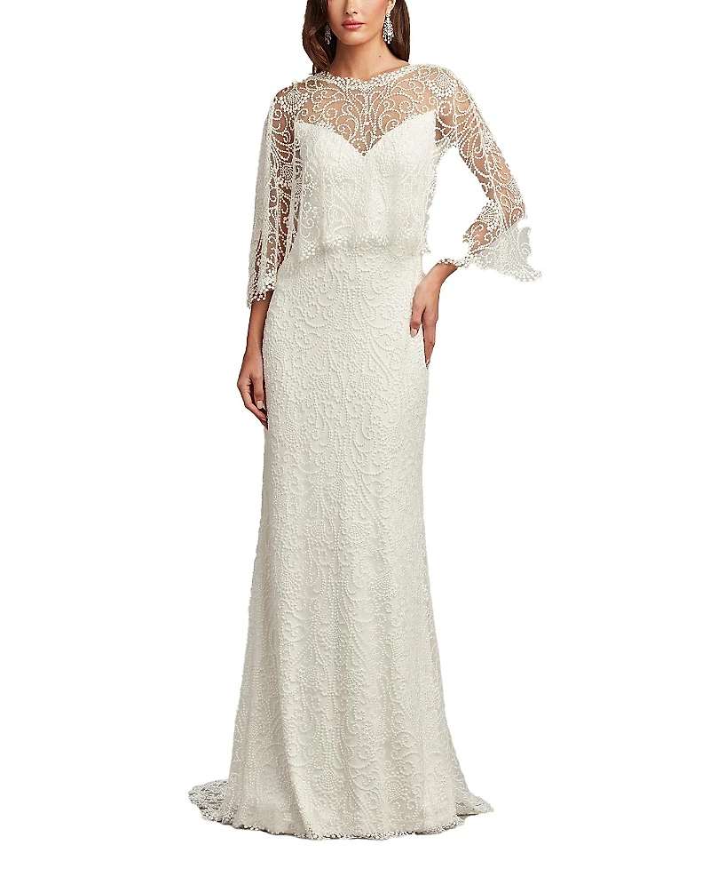 Tadashi Shoji Eagen Draped Overlay Embroidered Gown