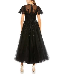 Embellished Flutter Sleeve Bow Waist A Line Dress
