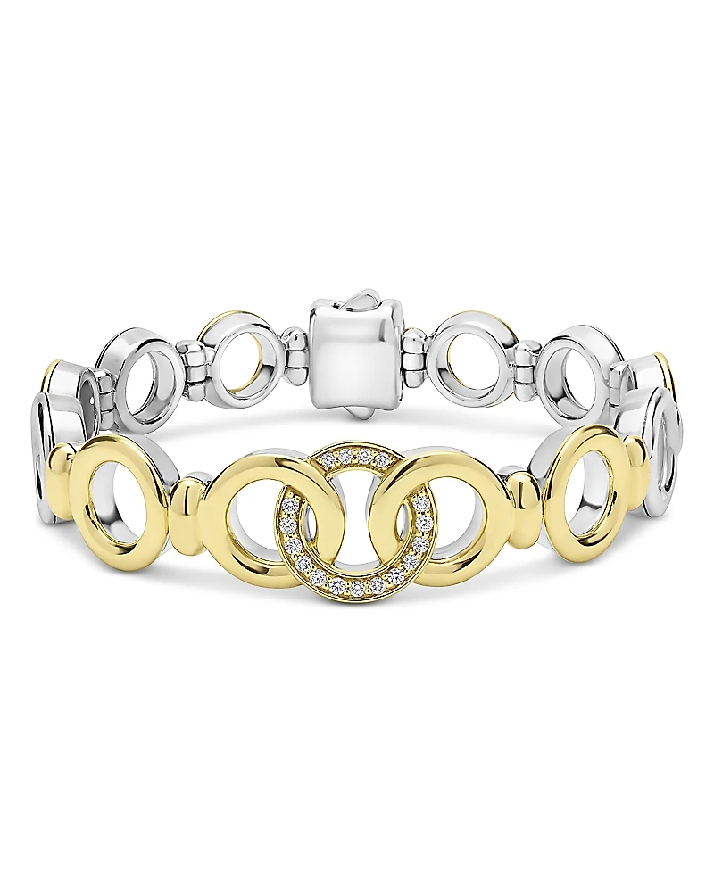 Lagos 18K Yellow Gold & Sterling Silver Signature Caviar Diamond Interlocking Ring Link Bracelet