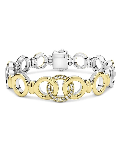 Lagos 18K Yellow Gold & Sterling Silver Signature Caviar Diamond Interlocking Ring Link Bracelet