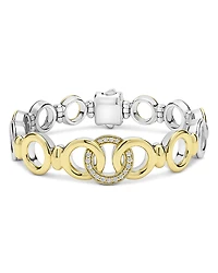 Lagos 18K Yellow Gold & Sterling Silver Signature Caviar Diamond Interlocking Ring Link Bracelet