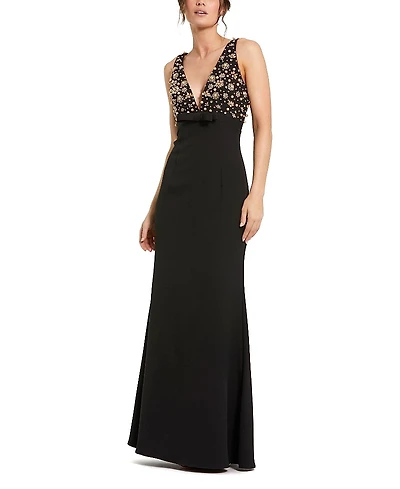 Mac Duggal Crepe Sleeveless Beaded V Neck Gown with Bow