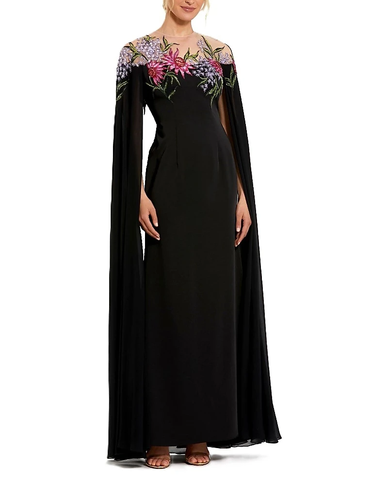 Mac Duggal Sheer Cape Beaded Floral Embroidery Detail Gown