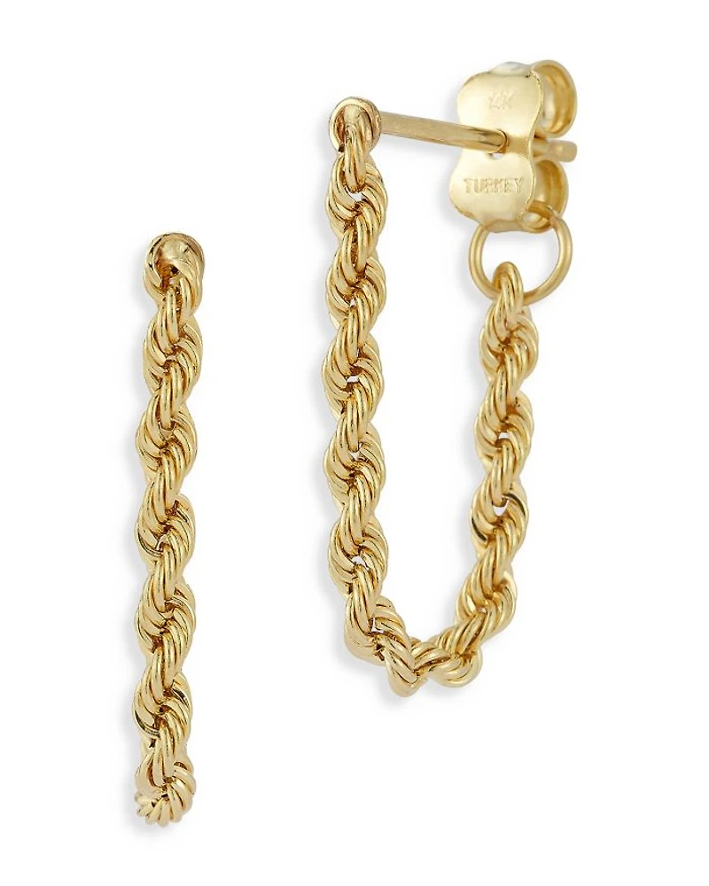 14K Yellow Gold Rope Link Chain Front to Back Earrings