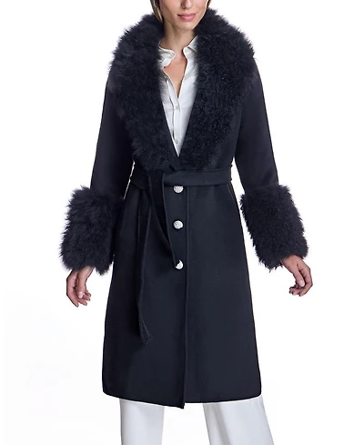 Belted Wool Coat with Rhinestone Button
