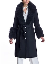 Belted Wool Coat with Rhinestone Button