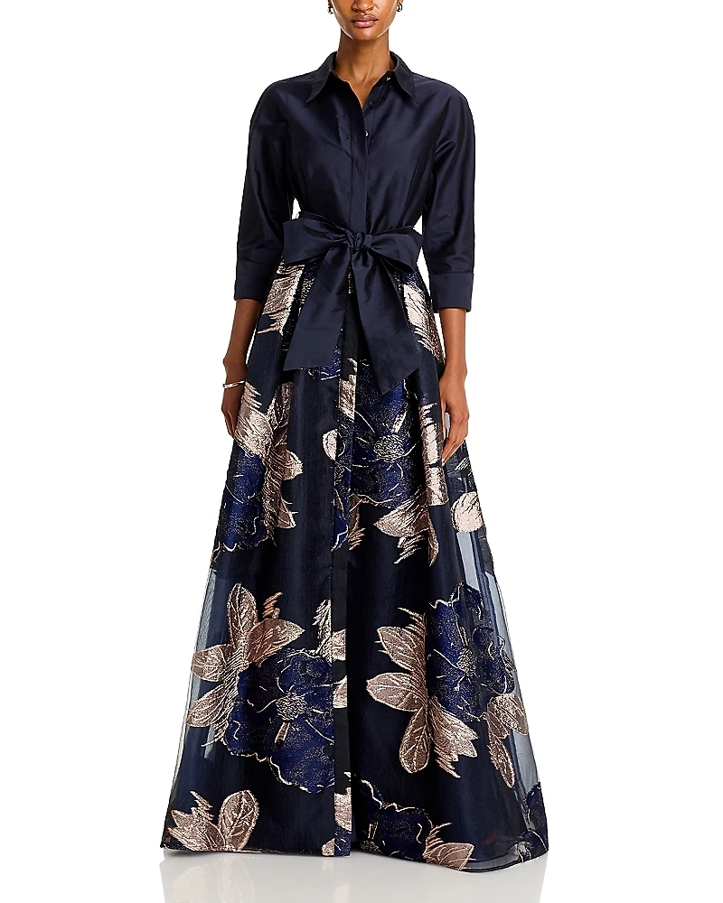 Teri Jon by Rickie Freeman Taffeta Shirt Floral Gown