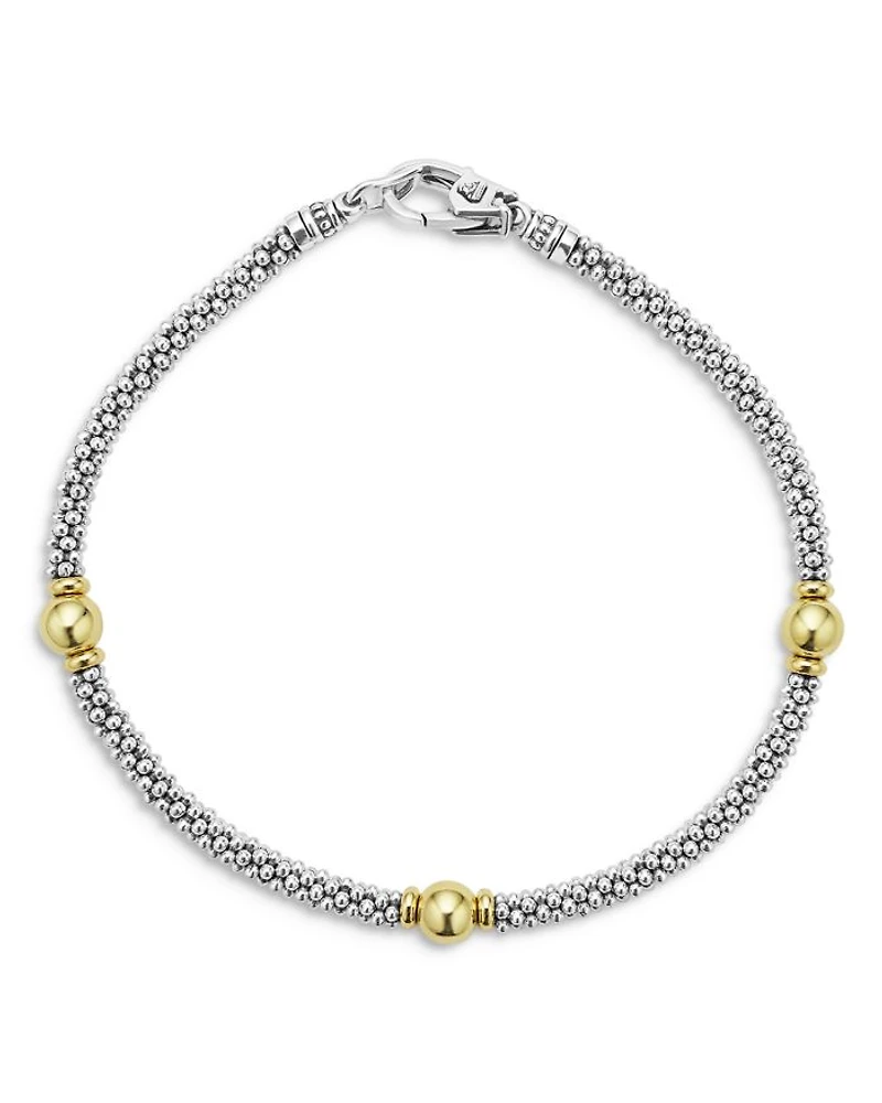 18K Yellow Gold & Sterling Silver Signature Caviar Bead Link Station Bracelet