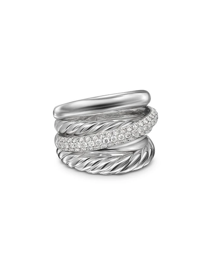 Crossover Five Row Ring Sterling Silver with Diamonds, 17.5mm