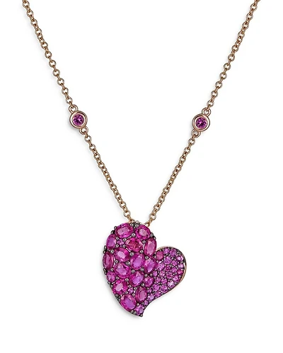18K Rose Gold Wave Heart Pink Sapphire Pavé Pendant Necklace, 16-18"