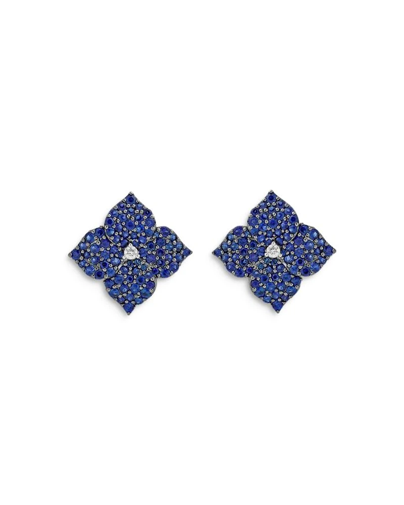 18K White Gold Fiore Blue Sapphire & Diamond Pavé Flower Large Stud Earrings