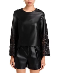 Lara Faux Leather Embroidered Long Sleeve Top