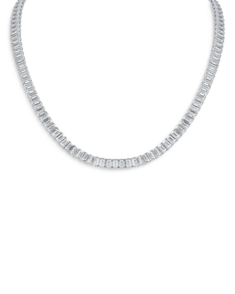 Emerald Cut Cubic Zirconia Tennis Necklace in Rhodium Plated, 16"