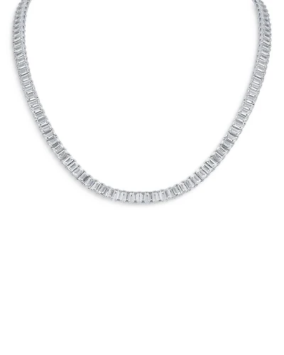 Emerald Cut Cubic Zirconia Tennis Necklace in Rhodium Plated, 16"