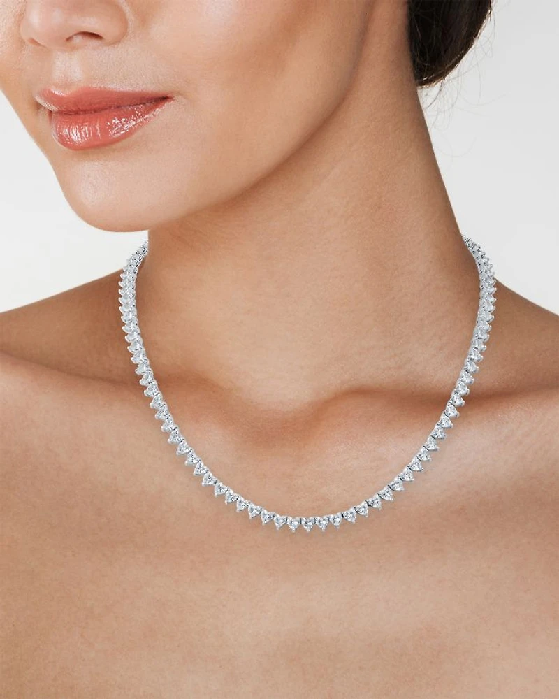 Heart Shape Cubic Zirconia Tennis Necklace in Rhodium Plated, 16"