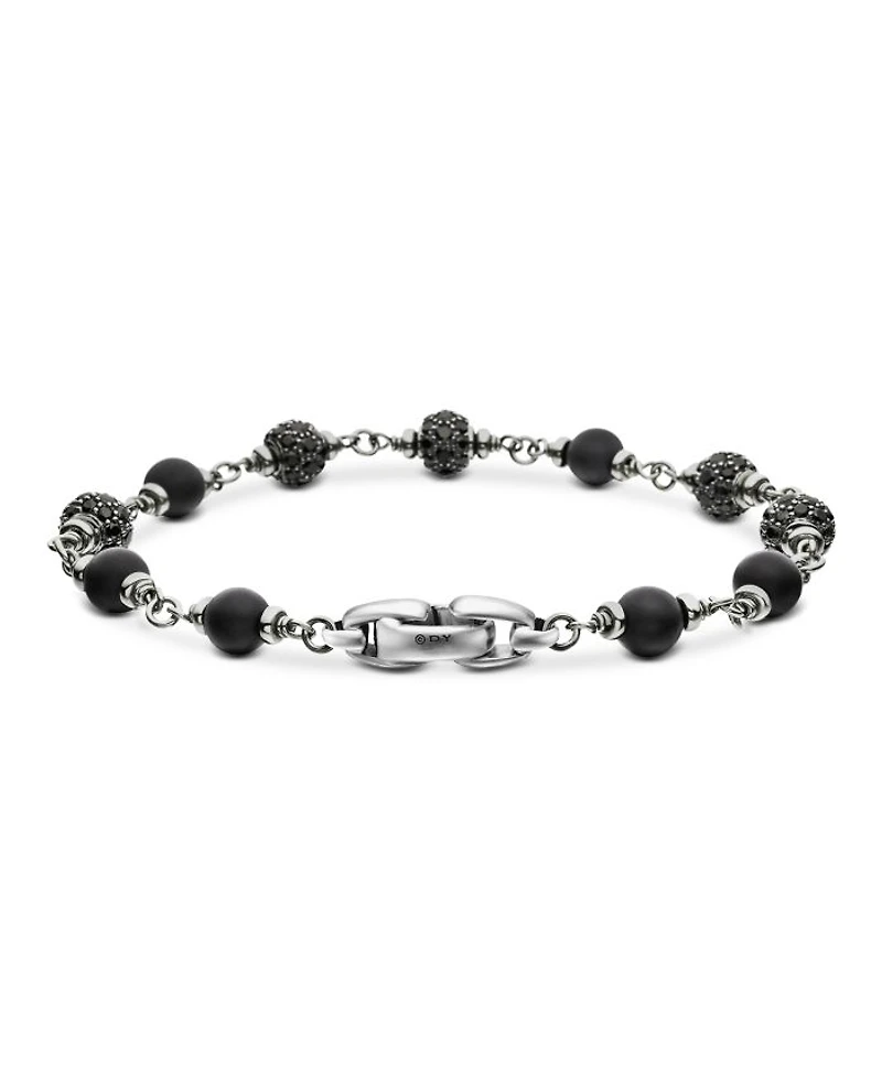 Men's Spiritual Beads Onyx & Black Diamond Pavé Rosary Style Bracelet in Sterling Silver