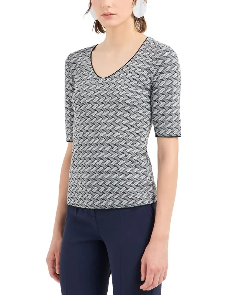Stretch Jersey Top with Geometric Jacquard Motif