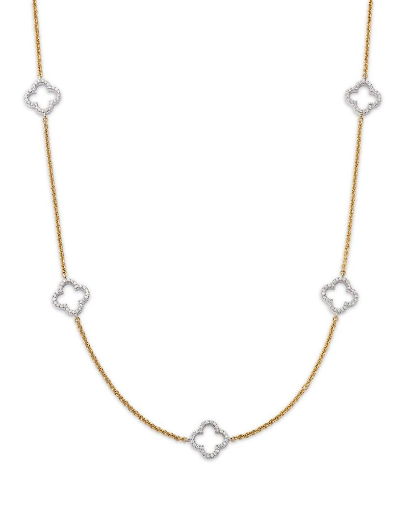14K Gold Diamond Clover Necklace, 18"