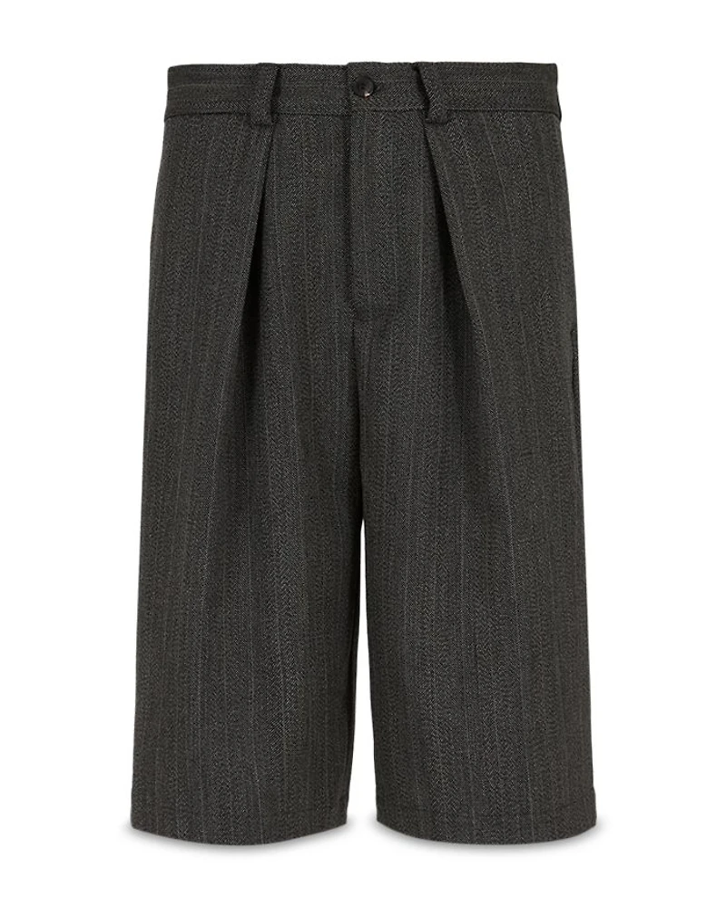 Wool Heavy Mouliné Chevron Jacquard Oversized Fit Pleated Bermuda Shorts