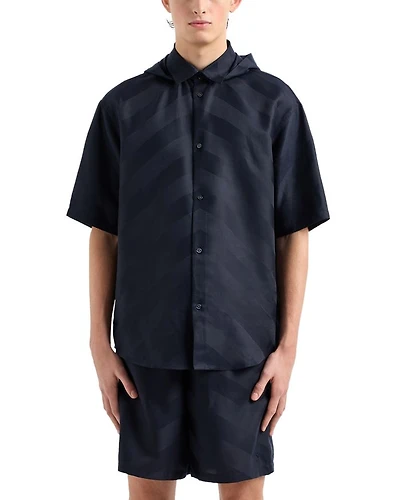 Chevron Patterned Hooded Short Sleeve Button Down Shirt