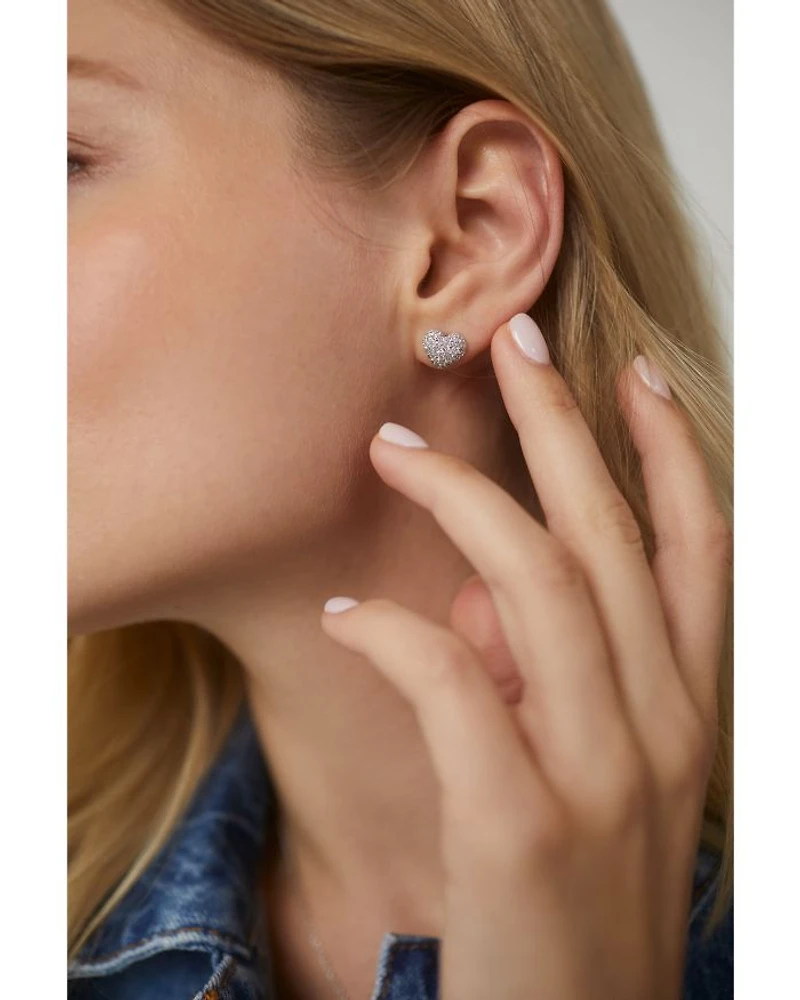 Cubic Zirconia Heart Stud Earrings in Rhodium Plated