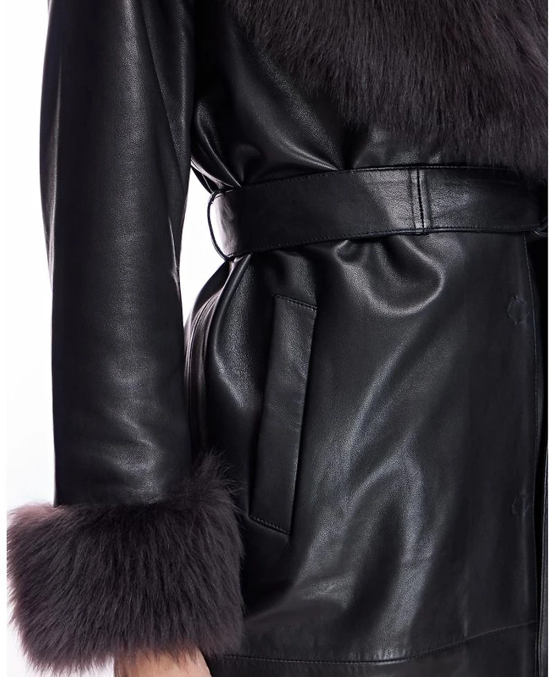 Leather Coat with Shearling Trim