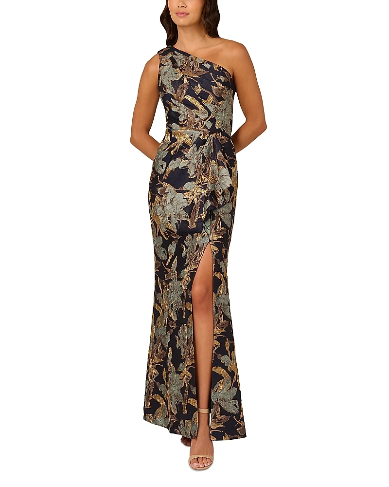 Adrianna Papell Floral Jacquard One Shoulder Mermaid Gown