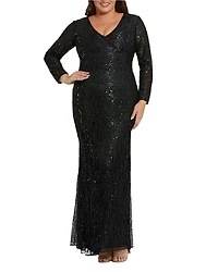 Mac Duggal Plus Long Sleeve V Beck Beaded Fringe Gown