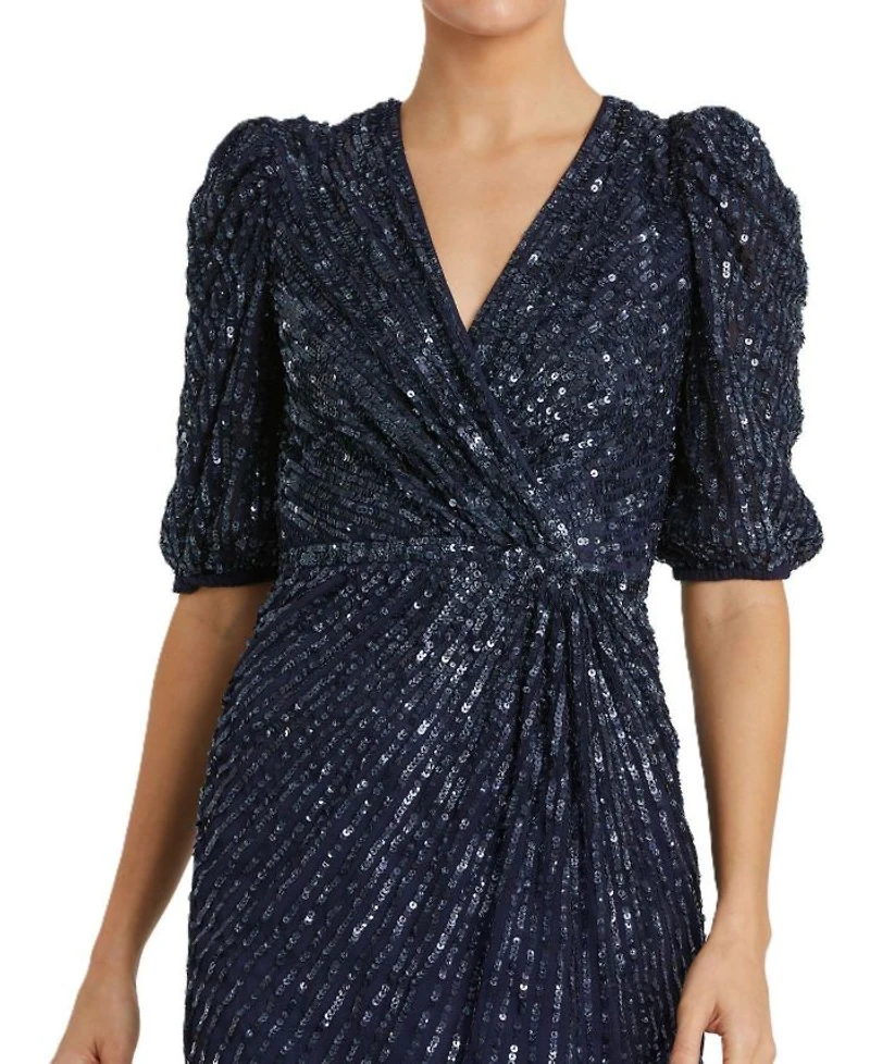 Sequin V-Neck Short Puff Sleeve Midi Dress