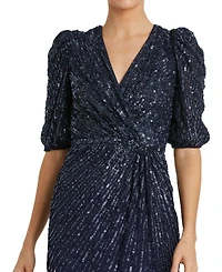 Sequin V-Neck Short Puff Sleeve Midi Dress