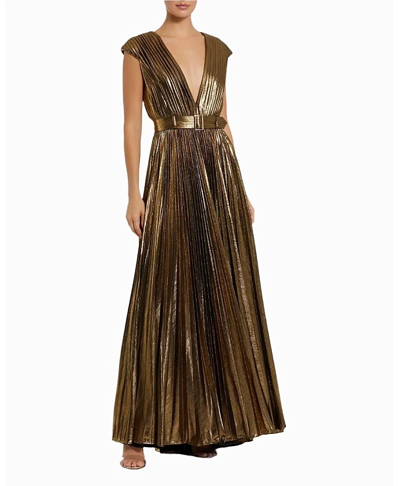 Mac Duggal Pleated Metallic Jersey Gown With Belt