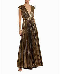 Mac Duggal Pleated Metallic Jersey Gown With Belt