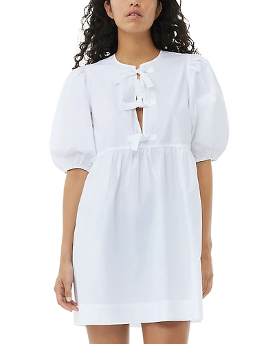 Ganni White Cotton Poplin Tie String Mini Dress