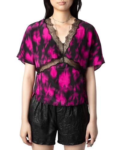 Silk Lace Trim Printed Top