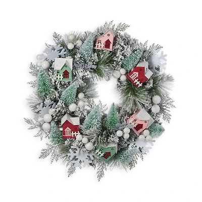 Snowy Cottage 26" Wreath with Fairy Lights