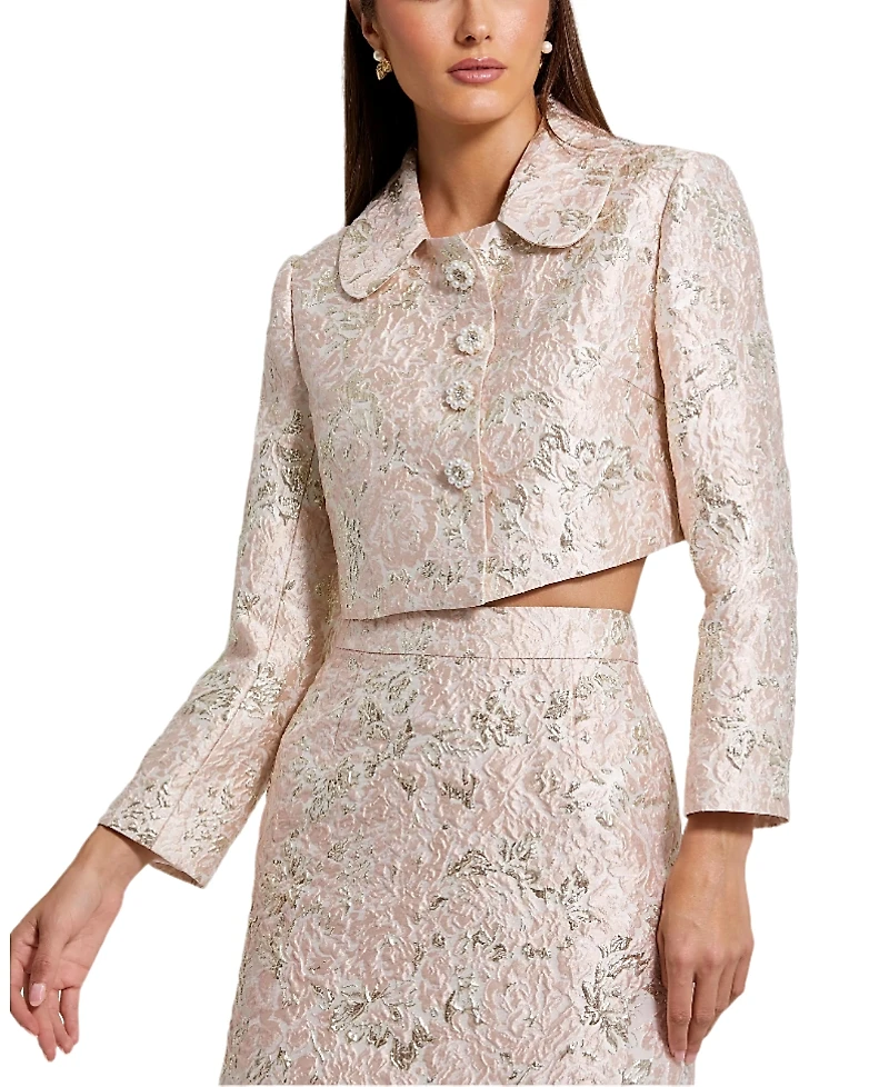 Mac Duggal Pearl Button Brocade Cropped Jacket