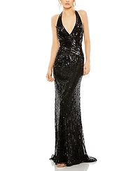 Mac Duggal Sleeveless Faux Wrap Sequin Embellished Cut Out Back Dress